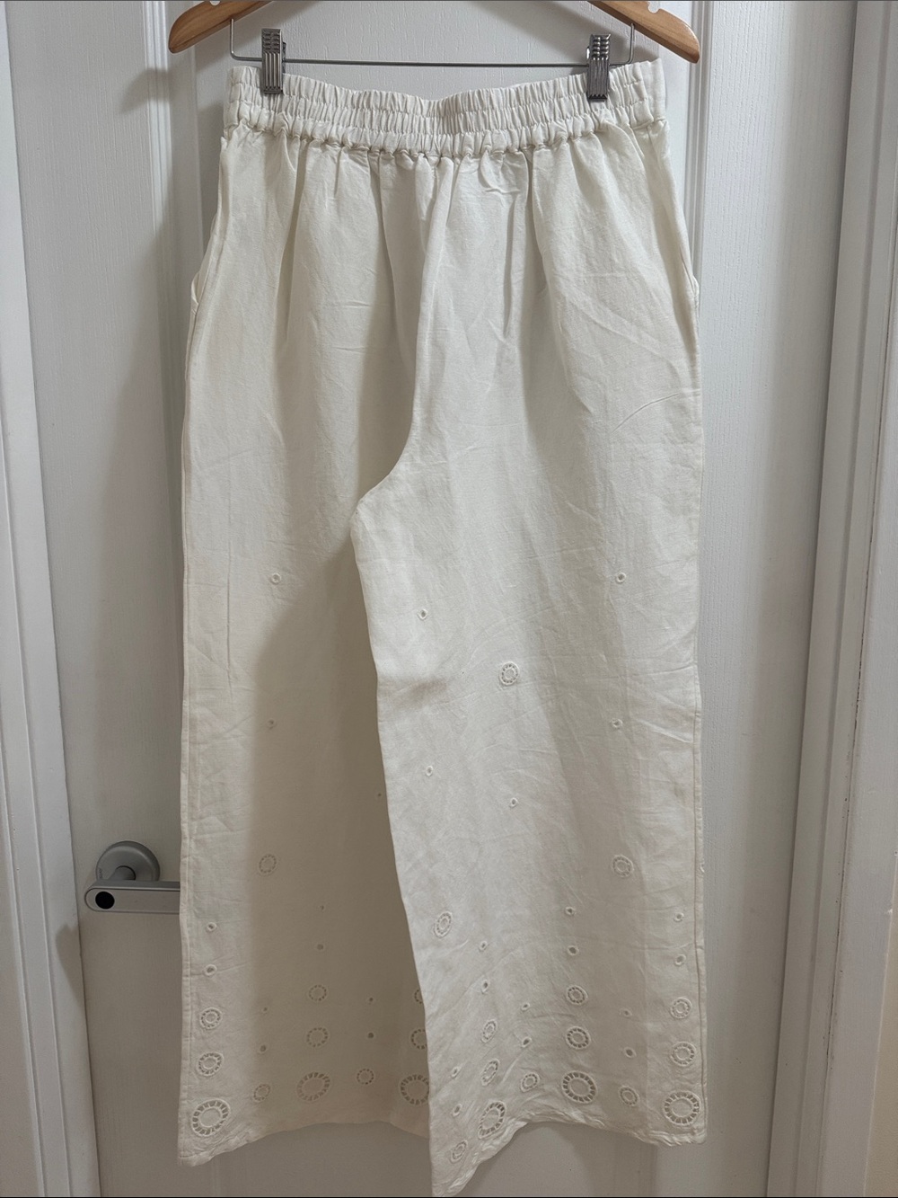Anthropologie Cream Wide-Leg Embroidered pants - Picture 2 of 4